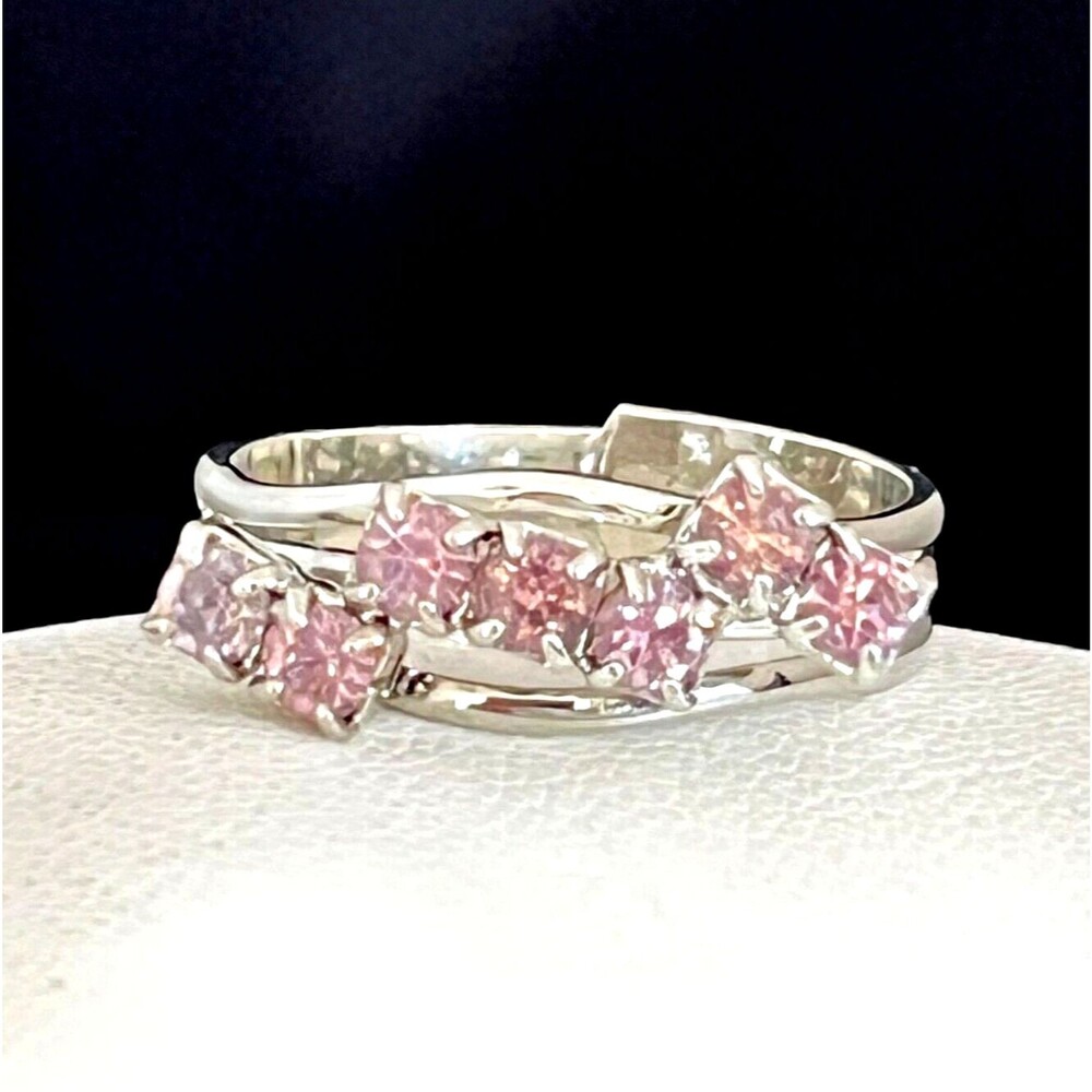 Vintage 1960s Ring Silver Tone Prong Set Pink Crystal Mid Century Modern - 4K